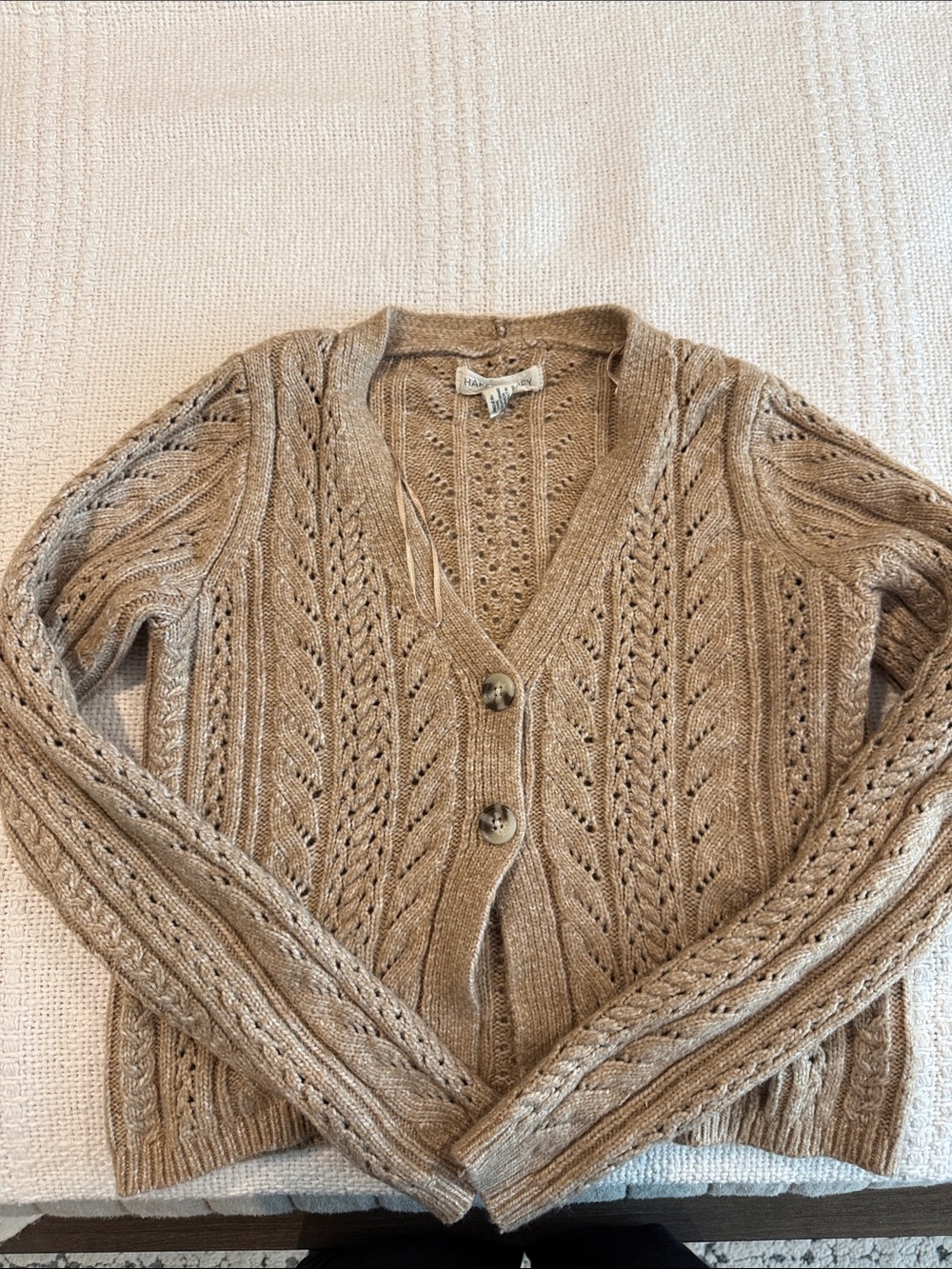 Open-Knit V-Neck Cardigan Sweater - Tan